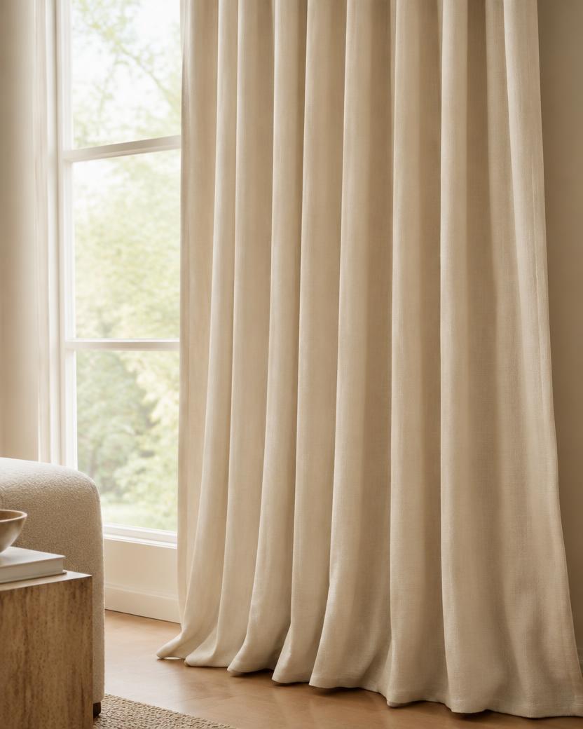 Floor-length cream linen curtains in soft daylight