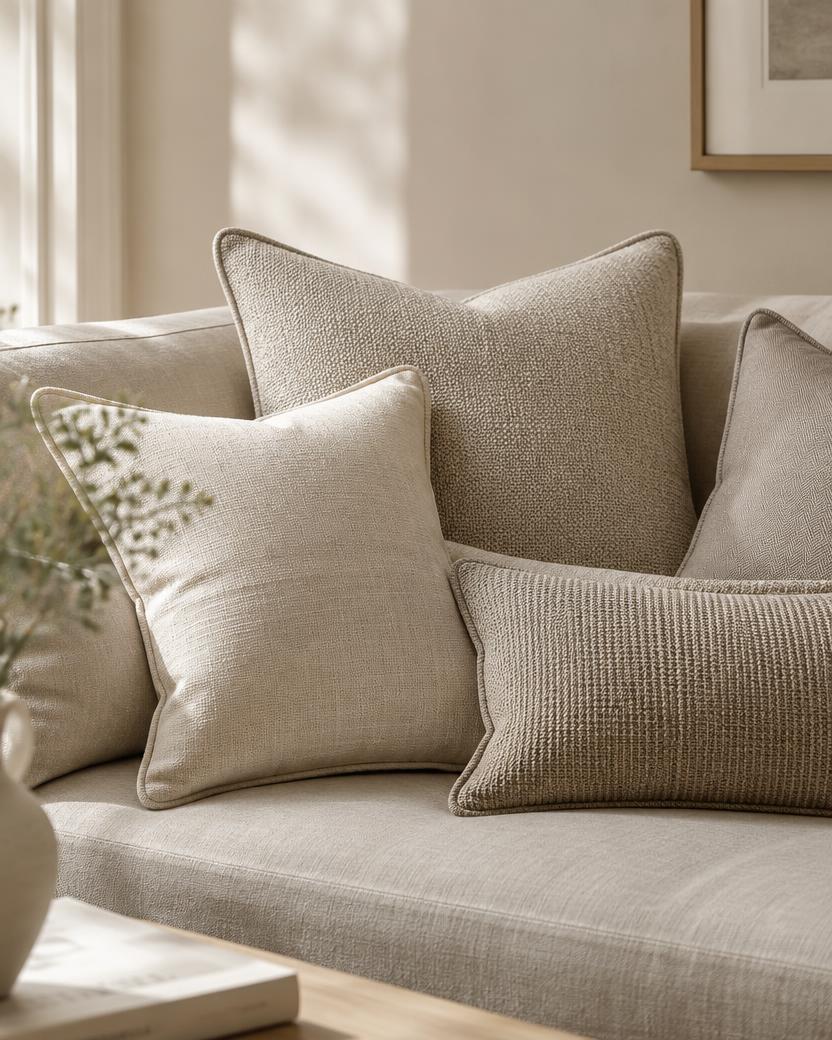 Bespoke cushions in cream and oatmeal fabrics on a sofa