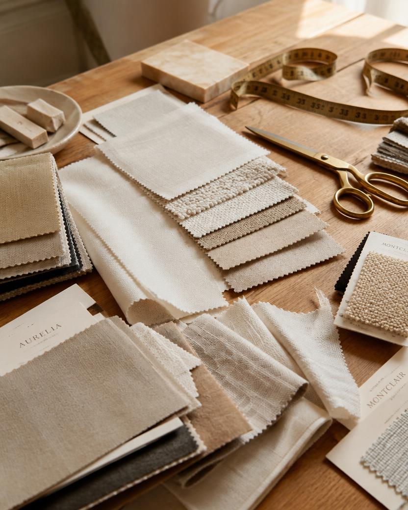 Designer fabric swatches arranged on a wooden worktable